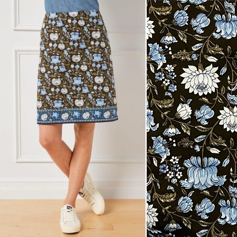 Talbots A-Line Skirt Floral Print Olive Blue Cotton Stretch Lined Size 12 Petite